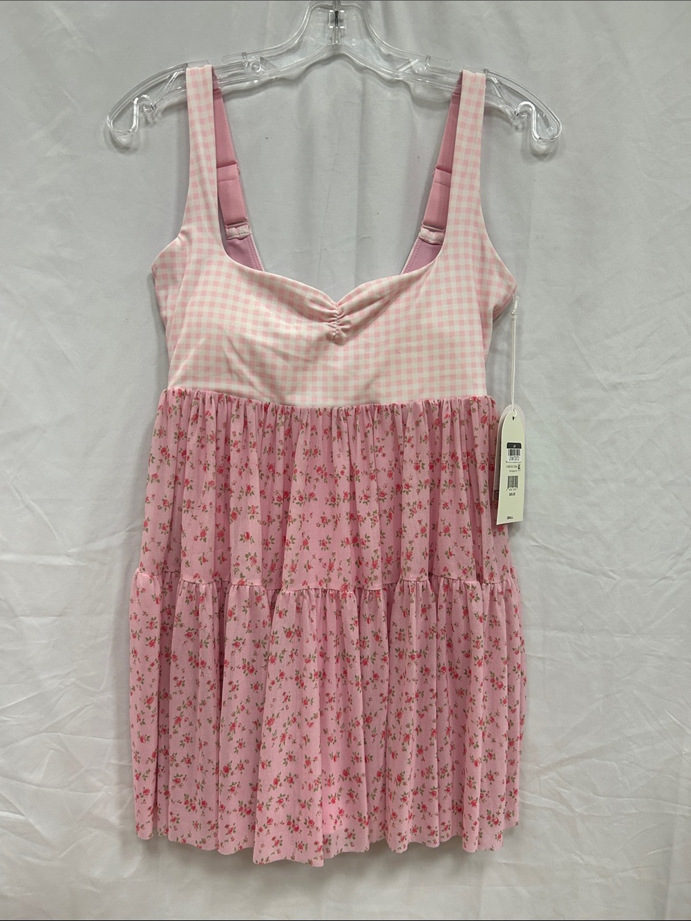 Blogilates Sweet Pink Gingham & Floral Tiered Mini Dress